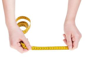 female hands with tailor measuring tape isolated photo