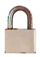 front view closed steel old padlock isolated photo