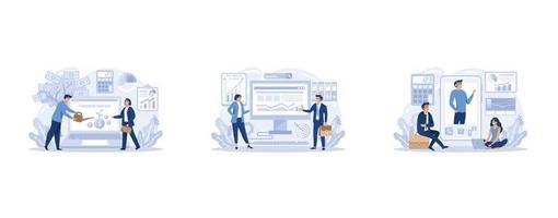 Financial analyst or consultant online service or platform set. Business character making financial operation. Online tutorial, consultation, application, website, set flat vector modern illustration