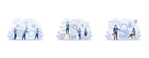 Solution web banner or landing page set, Solving the problem and finding creative solution. Business people meeting the challenge in a teamwork, set flat vector modern illustration