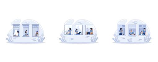 House facade with windows. Home office during coronavirus outbreak concept, people works from home,  Stay at home, set flat vector modern illustration