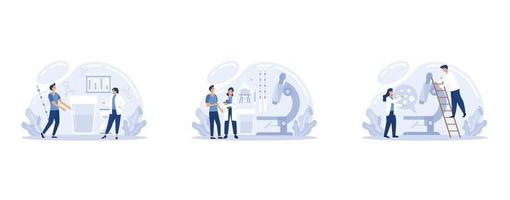 Characters Give Urine Test in Clinical Laboratory Landing Page Template Set. Tiny Doctors at Huge Microscope and Container with Urine Research Specimen and Litmus, set flat vector modern illustration