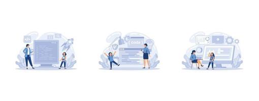 IT education web banner or landing page set. Student write software and create code for computer. Digital technology for website, interface and devices, set flat vector modern illustration