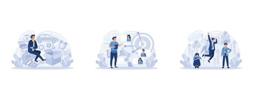 Cost structure, target market, conpetitive advantage. People dealing with business management, marketing strategy, financial development, set flat vector modern illustration