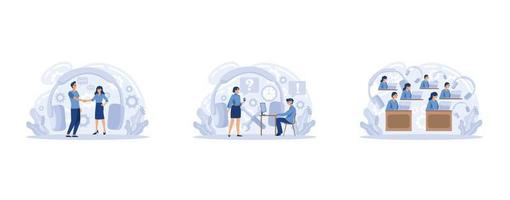 Customer support call center. Personal assistant service, person advisor hotline and helpful advice service. Support creative, set flat vector modern illustration