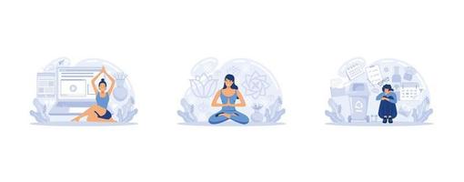 meditación en línea. autogestión, aprendizaje de autorregulación, curso de autoorganización, control sobre las emociones metáfora yoga en línea en casa meditando. se ocupa del manejo del estrés, vector