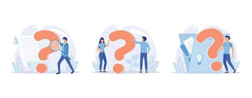 Question mark, obtaining information of interest. Problem and solution, FAQ help. Decision of information task, ask questions and receive answers, set flat vector modern illustration