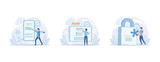 personas que usan inicio de sesión y contraseña seguros, autorización de datos de cuenta. los personajes utilizan la seguridad de los datos personales. registro en línea formulario tecnología móvil, establecer vector plano ilustración moderna