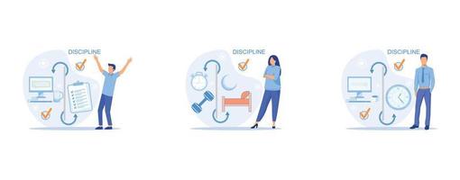 Discipline concept icon. Time management. Working day idea , Daily affairs of person, indicators of time for work, hobby, study, rest, set flat vector modern illustration