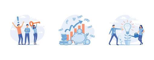 Work with business plan creation. Teamwork with idea of new project, planning startup. Business solution and financial investment, set flat vector modern illustration