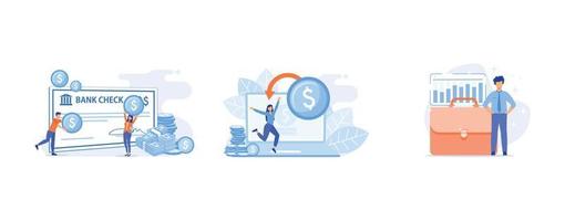 empleado que recibe el pago en un personaje de dibujos animados de día de pago, un icono web de dibujos animados de compras electrónicas, una empresa comercial, establece una ilustración moderna de vector plano