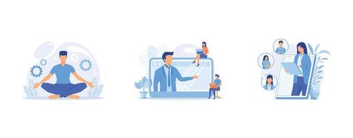 Stress reduction and relieving activity, Web conference, Social network, set flat vector modern illustration