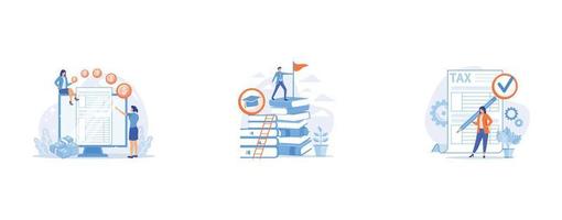 Accountant expertise, Clever man, student standing on books stack with flag, Taxes calculation, set flat vector modern illustration