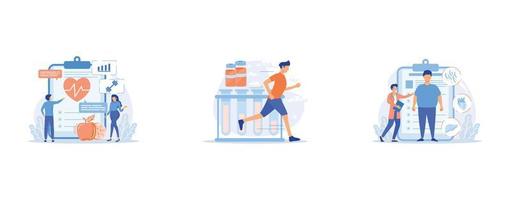 Cardio exercising and healthy lifestyle, Doping test, Obesity problem, set flat vector modern illustration