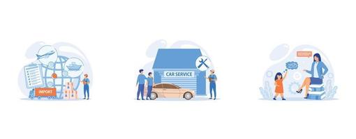 Established international trade routes, Auto mechanic and business people at car service having their car repaired, Speech-language pathologist, set flat vector modern illustration