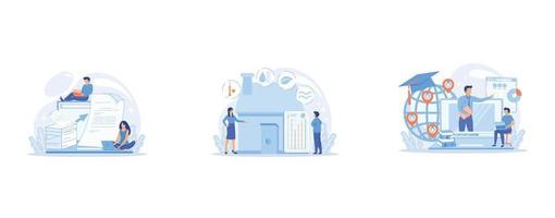 Specialists work with laptop digital data, tiny people, Home automation system, domotics, Distance university students flat characters watching tutorial video, set flat vector modern illustration