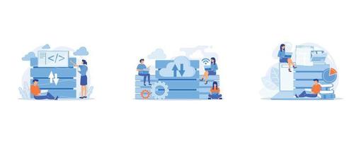 Two developers working with big data technology, Users with laptops working with database, Users working on laptops with data entry, set flat vector modern illustration