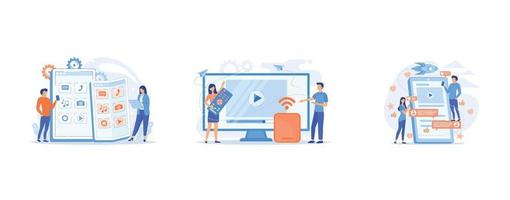 Tiny business people using smartphone with flexible screen, Tiny people watch video with remote control and television multimedia box, Digital marketing, online advertising, vector