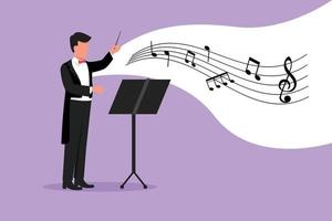 Business flat cartoon style drawing man music conductor. Musician perform on stage directing symphony orchestra. Classical music performance, instrumental ensemble. Graphic design vector illustration