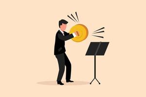 Business flat cartoon style drawing male musician playing cymbals. Man performer playing classical music with percussion musical instrument. Person perform on stage. Graphic design vector illustration