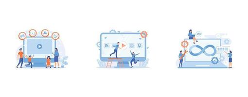 Tiny people family with kids watching smart television content, Pinkish coral, Programmers working on project, set flat vector modern illustration