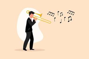 Business flat drawing trombone player. Male performer play wind instrument. Music artist boy. Jazz man. Musician play trumpet. Entertainment. Classic music event. Cartoon design vector illustration