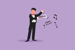 Business design drawing male musician playing musical triangle. Classical music orchestra man artist with music instrument. Professional musician performs on stage. Flat cartoon vector illustration