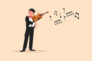 Business flat drawing happy man musician playing violin. Classical music performer with musical instrument. Male musician wearing suit playing violin. Cartoon draw character design vector illustration