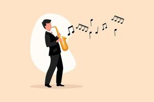 Business design drawing young saxophonist character. Jazz or blues musician, man plays saxophone. Male performer in festival jazz music, jazz band performances. Flat cartoon style vector illustration