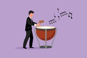 Business flat cartoon style drawing male percussion player play on timpani. Man performer holding stick and playing musical instrument. Musical instrument timpani. Graphic design vector illustration