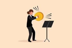 Business design drawing female musician playing cymbals. Woman performer playing classical music with percussion musical instrument. Person performs on stage. Flat cartoon style vector illustration