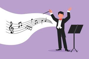 Business design drawing man music orchestra conductor. Male musician in tuxedo suit with arm gestures. Expressive conductor directs orchestra during performance. Flat cartoon style vector illustration