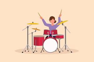 Business flat drawing female musician, jazz, rock and roll playing drum instruments, percussion. Music festival, pop concert, wedding party performance. Cartoon character design vector illustration