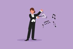 Business flat cartoon style draw woman musician playing musical triangle. Classical orchestra artist with music instrument. Professional musician performs on stage. Graphic design vector illustration