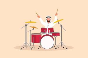 Business flat cartoon style drawing Arabian male musician, jazz, rock and roll playing drum instrument, percussion. Music pop festival, wedding party performance. Graphic design vector illustration
