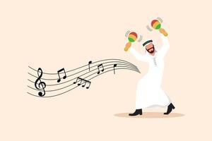 Business design drawing Arabian man street band player mariachi plays maracas. Male performer with musical instruments, mariachi player at national festival. Flat cartoon character vector illustration