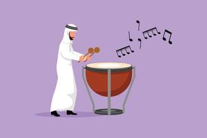 Business flat cartoon drawing Arabian male percussion player play on timpani. Man performer holding stick and playing musical instrument. Musical instrument timpani. Graphic design vector illustration
