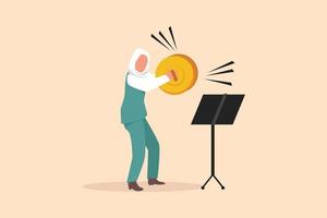 Business design drawing Arab female musician playing cymbals. Woman performer play classical music with percussion musical instrument. Artist band performance. Flat cartoon style vector illustration