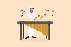 dibujo de dibujos animados planos de negocios hombre árabe jugador de percusión personaje jugar marimba. músico masculino tocando el instrumento tradicional de marimba mexicana en el festival de música. ilustración vectorial de diseño gráfico vector