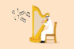 Business design drawing Arabian man musician playing harp. Classical music performer character with musical instrument. Male sitting on chair and playing harp. Flat cartoon style vector illustration