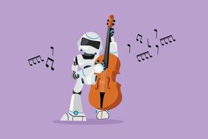 Graphic flat design drawing robot musician playing double bass or contrabassist with finger. Humanoid robot cybernetic organism. Future robotic development. Cartoon style character vector illustration