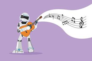 robot de dibujo de diseño gráfico plano tocando ukelele o guitarra pequeña y cantando divirtiéndose. personaje de inteligencia artificial robótica. industria de la tecnología electrónica. ilustración vectorial de estilo de dibujos animados vector