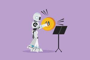 Graphic flat design drawing robot musician playing cymbals percussion musical instrument. Technology development. Artificial intelligence machine learning processes. Cartoon style vector illustration