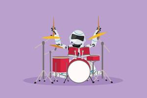 Flat cartoon style drawing robot musician playing drum instrument at music pop concert. Future technology development. Artificial intelligence and machine learning. Graphic design vector illustration