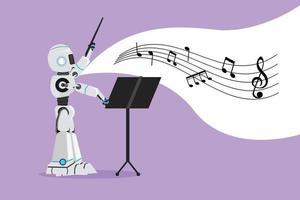 dibujo de diseño plano gráfico conductor de música robot dirigiendo orquesta sinfónica. tecnología del futuro. Procesos de inteligencia artificial y aprendizaje automático. ilustración de vector de personaje de estilo de dibujos animados