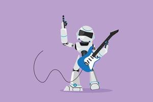 Flat cartoon style drawing modern robot guitarist perform playing electric guitar on stage. Humanoid robot cybernetic organism. Future robot character development. Graphic design vector illustration