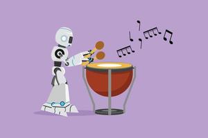 Flat cartoon style drawing active robot percussion player holding stick and play timpani. Robotic artificial intelligence. Electronic technology industry. Graphic design character vector illustration