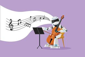 Flat cartoon style drawing robot musician playing stringed contrabass or cello. Future robotic technology development. Artificial intelligence and machine learning. Graphic design vector illustration