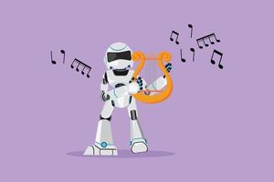 Graphic flat design drawing robot musician playing musical lyre on stage. Classical music orchestra. Humanoid robot cybernetic. Future robotic development. Cartoon style character vector illustration