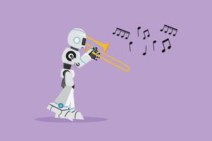 Flat cartoon style drawing robot character play trombone wind instrument at classic music event. Humanoid robot cybernetic organism. Future robotic development. Graphic draw design vector illustration